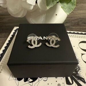 CHANEL Silver Crystal CC Classic Stud Earrings